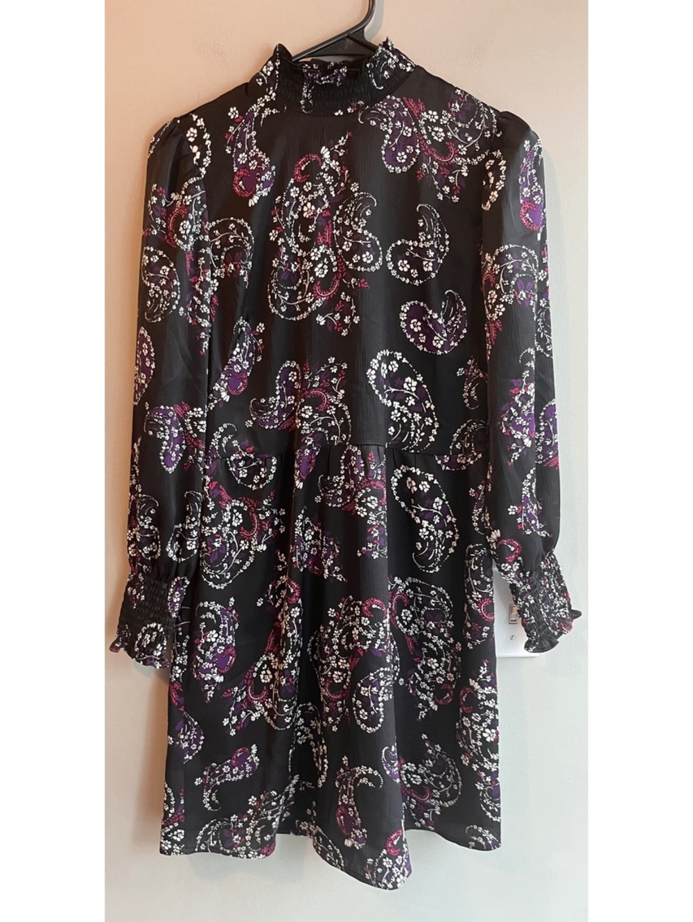 LOFT Petite Paisley Smocked Flare Mock Neck Dress Black Purple Size 4P